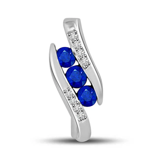 Sapphire Trio : Real Diamond & Blue Sapphire White Gold Elegant Pendant For Your Love (P1262)