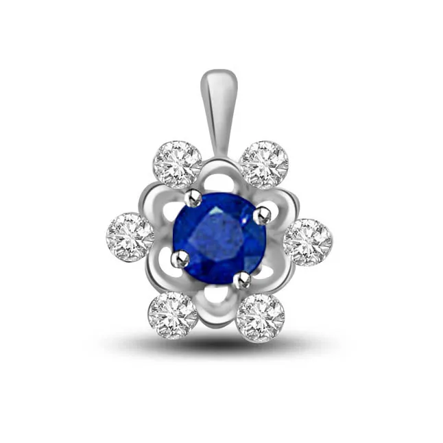 Blue Star : Real Diamond & Blue Sapphire Round Starry Pendant In White Gold (P1266)