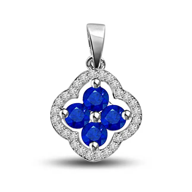 Blue Passion : Real Diamond & Sapphire Flower Pendant In White Gold For Her (P1267)