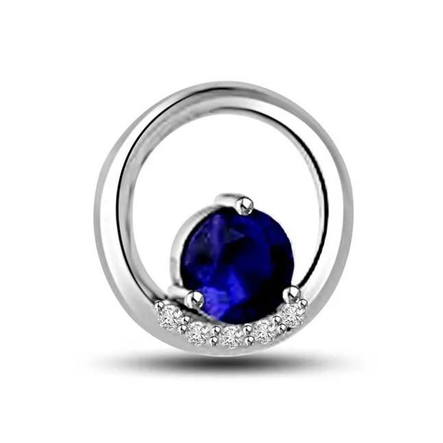 Blue Ball : Real Diamond & Sapphire Round Chic White Gold Pendant For Your Ladylove (P1270)