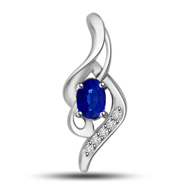 Blue Magic : Real Diamond & Oval Blue Sapphire White Gold Fancy Pendant (P1272)