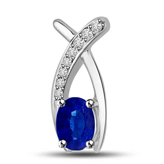 Feathers Of Love : Real Blue Sapphire & Diamond Pendant in White Gold (P1277)