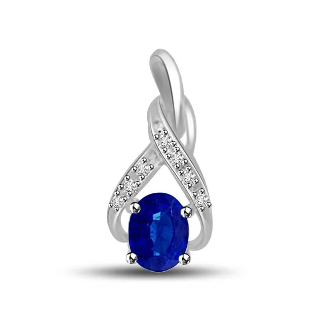 Cupids Heaven 0.20cts Tcw Real Oval Blue Sapphire & Diamond Pendant In White Gold (P1286)