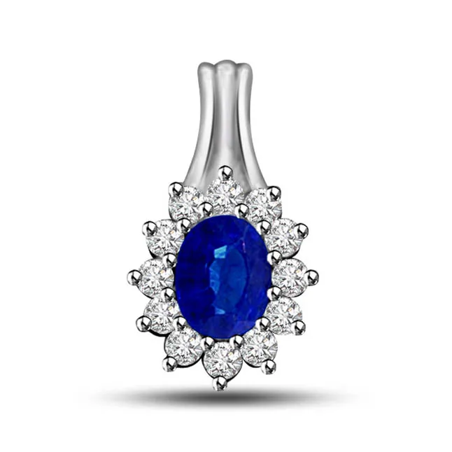 Blue Flower : Real Diamond & Sapphire Pendant In White Gold (P1289)