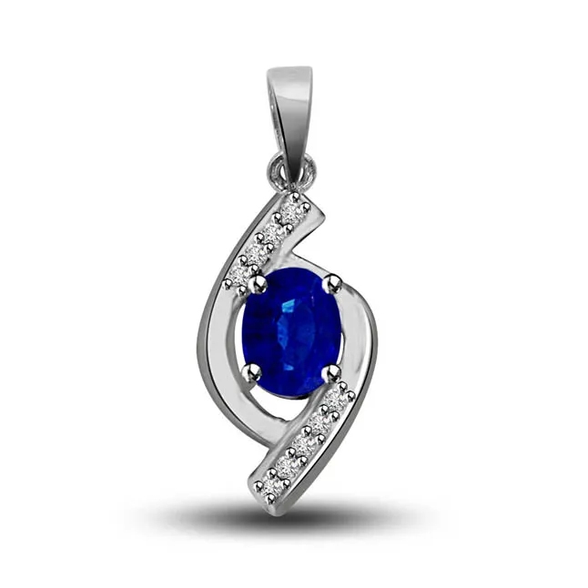 Surrounded By Love : Blue Real Oval Sapphire & Diamond 14kt White Gold Pendant (P1295)