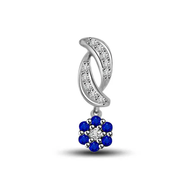 Hanging Flower Real Blue Sapphire & Diamond Hanging Flower With Diamond Petals 14kt Pendant (P1297)