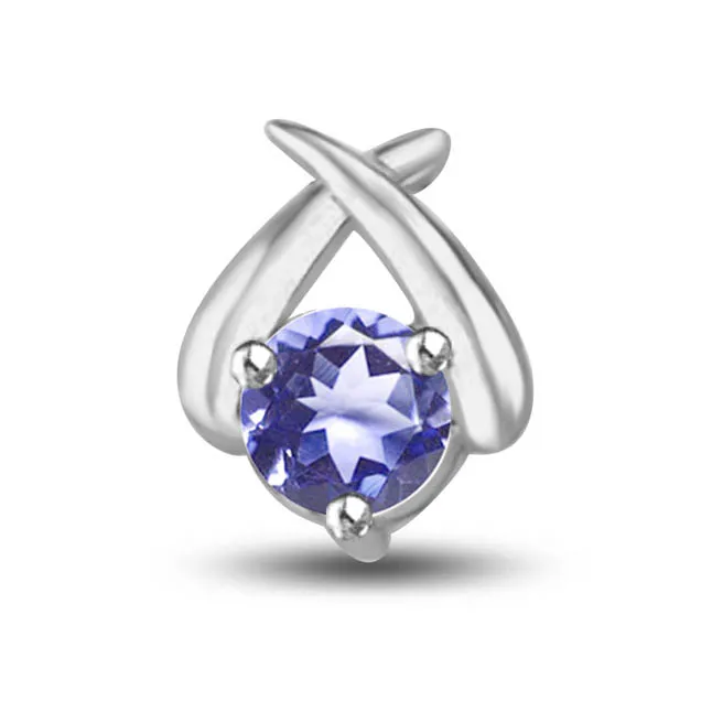 Blue Blooded Solitaire : Big Round Solitaire Real Sapphire & White Gold Pendant (P1298)