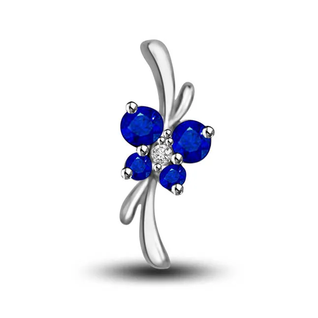 Fabulous Bond Real Diamond & Blue Sapphire Flower Set In 14kt White Gold Pendant For Your Love (P1301)