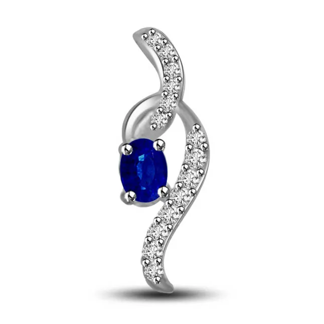 Sun Shine in Moon Light 0.36cts Tcw Real Oval Blue Sapphire & Diamond Pendant Set In 14kt White Gold (P1303)