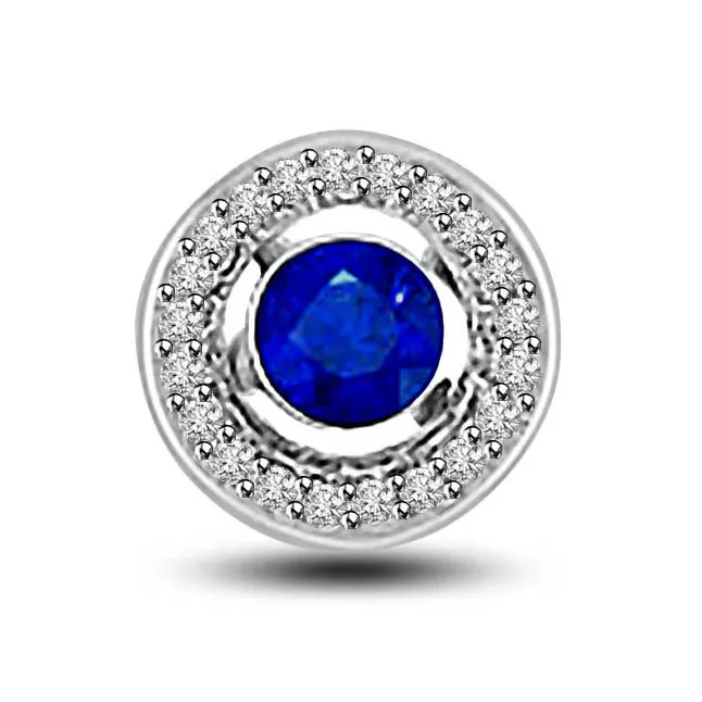 Push This Love Button : Real Round Sapphire Surrounded With Diamond 14kt White Gold Pendant (P1304)