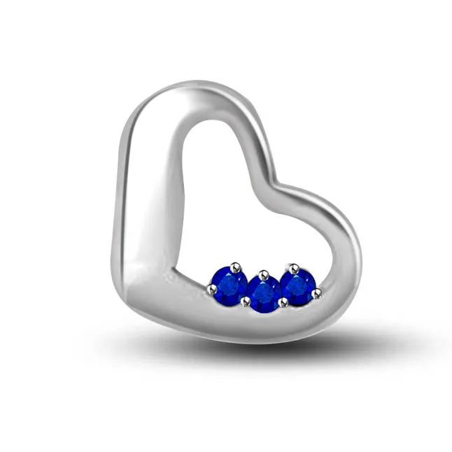 Love Is Blue : 3 Round Real Sapphire 14kt White Gold Heart Pendant For Lovely Lady (P1305)