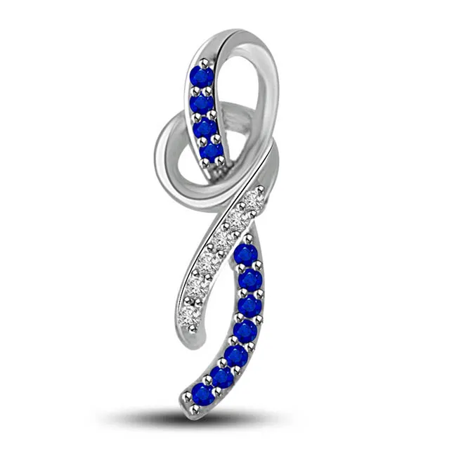 Love Hug : Row Of Real Blue Sapphire & Diamonds 14kt White Gold Pendant For Your Love (P1306)