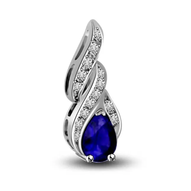 Spring Love Real Pear Shape Blue Sapphire & Diamond White Gold Pendant For Your Love (P1307)