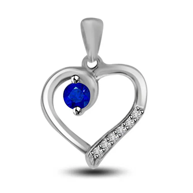 Bonded Love Solitaire Real Blue Sapphire With Row Of Diamond White Gold Heart Pendant For Your Love (P1308)