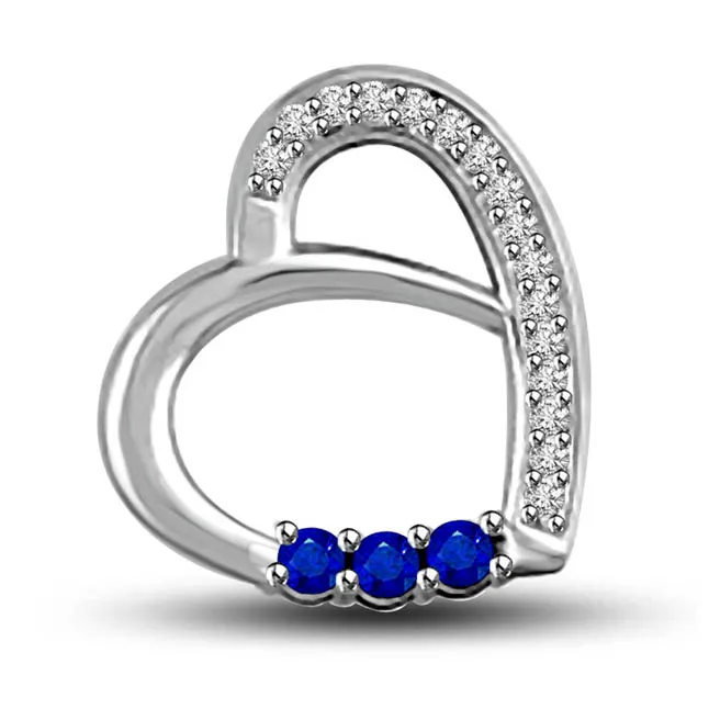 Senses of Love 0.22cts Tcw Real Blue Sapphire & Diamond Heart Pendant In 14kt White Gold (P1313)