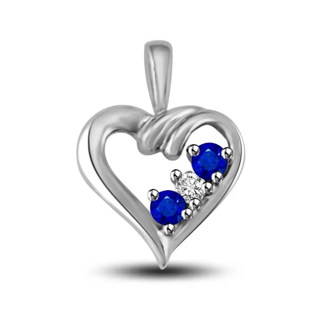 You, Me & Our Love : 2 Real Blue Sapphire With Center White Diamond 14kt Gold Heart Pendant (P1318)