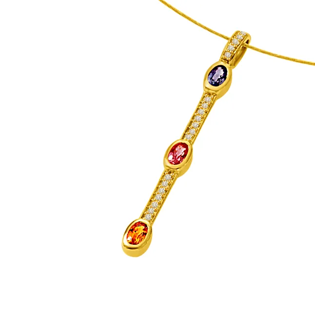 A Golden Stich Forever 0.55cts Tcw Real Diamond Ruby Emerald & Sapphire Stick Shaped Long 18kt Pendant (P1329)