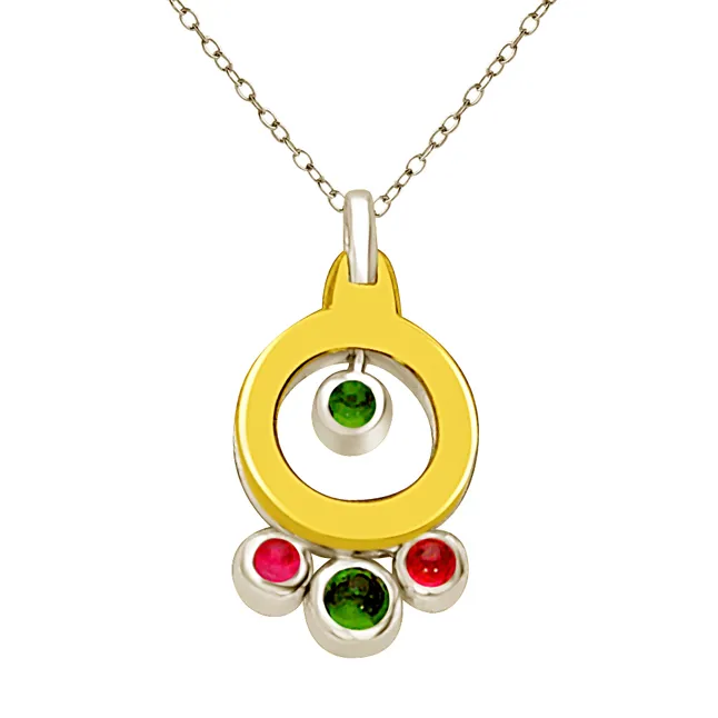 Shades of Stones Real Emerald & Ruby 18kt Yellow Gold Round Two Tone Diamond Pendant (P1332)