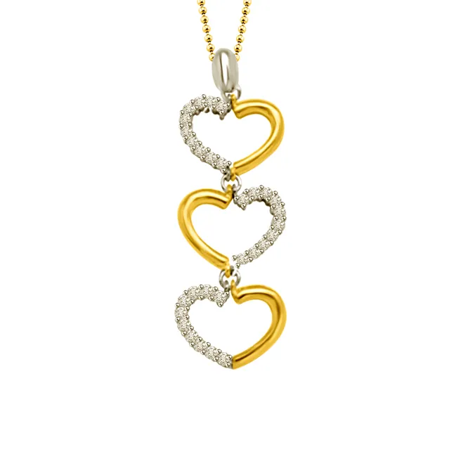 Alternate Hearts : 3 Hearts Two Tone Real Diamond & 18kt Gold Pendant (P1335)