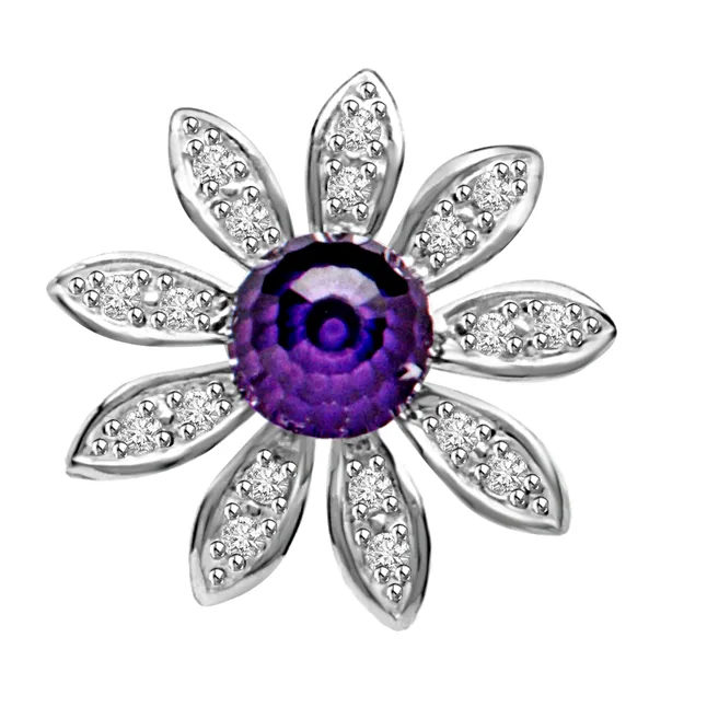 Blue Floral Twinkle Real Amethyst & Diamond Flower Beautiful Passionate Diamond Pendant (P1342)