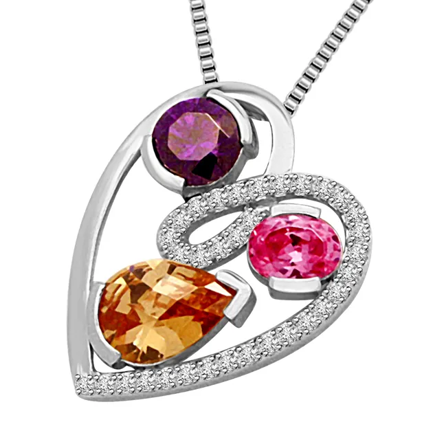 Love Triangle : Real Diamond, Amethyst, Tourmaline & Golden Topaz White Gold Pendant (P1343)
