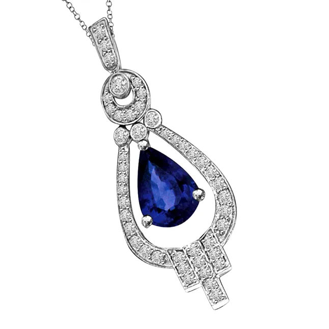 Pride of Groom Real White & Blue Sapphire & Diamond 14k White Gold Drop Shaped Love Pendant (P1346)