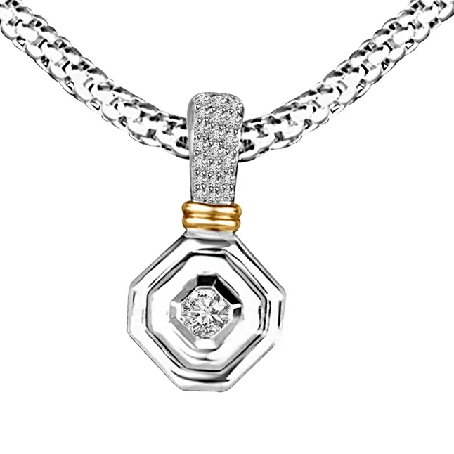 Gracious Curve 0.20cts Two Tone Real Diamond In Hexagone Gold Pendant For Her (P1358)