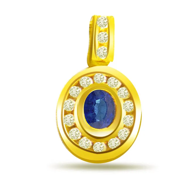 Serene Blue Delight - 0.17cts Real Diamond & Oval Sapphire Gold Pendant (P517)