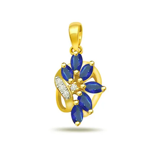 Leafy Sapphire Passion - 0.06cts Real Diamond & Blue Sapphire Pendant (P520)