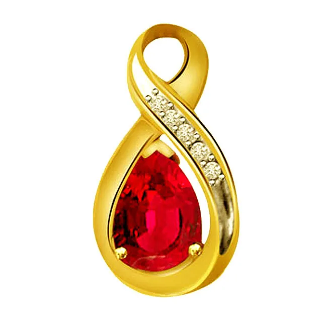 Ruby Touch Love Drop - 0.10cts Real Diamond & Red Ruby Gold Pendant (P532)