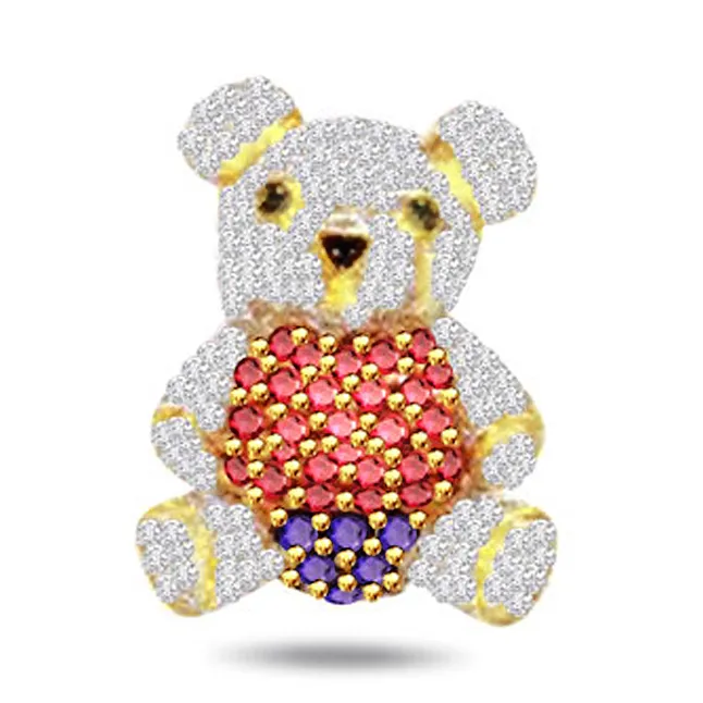 Teddy Bear 0.75cts Real Diamond, Red Ruby, & Blue Sapphire Pendant (P554)