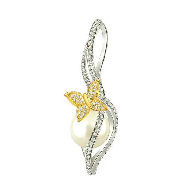 0.40cts Real Diamond & Gold Butterfly Pearl Pendant (P649)