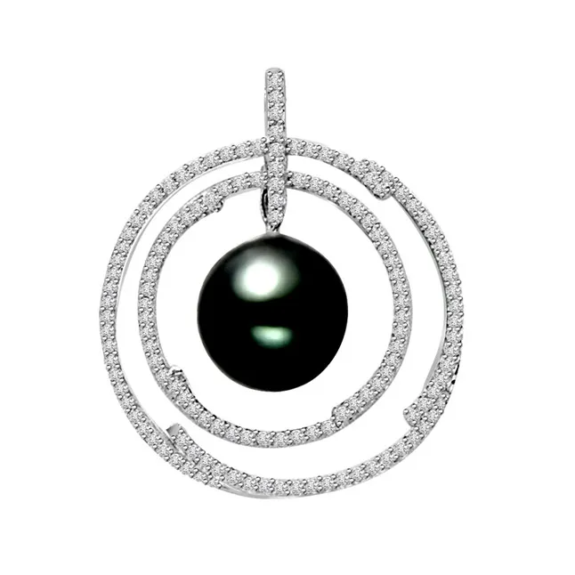 Hoops of Love - 0.75cts Real Diamond & Tahitian Pearl 14kt White Gold Pendant (P650)