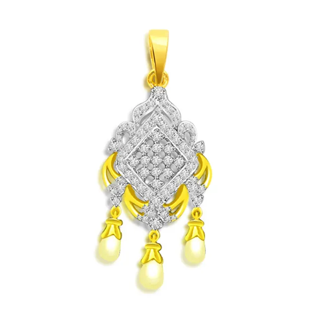 Pearly Chandelier Delight - 0.35cts Real Diamond & Drop Pearl 18kt Yellow Gold Pendant (P659)