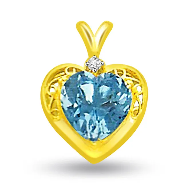 Heart Shape Blue Topaz & Diamond Pendants