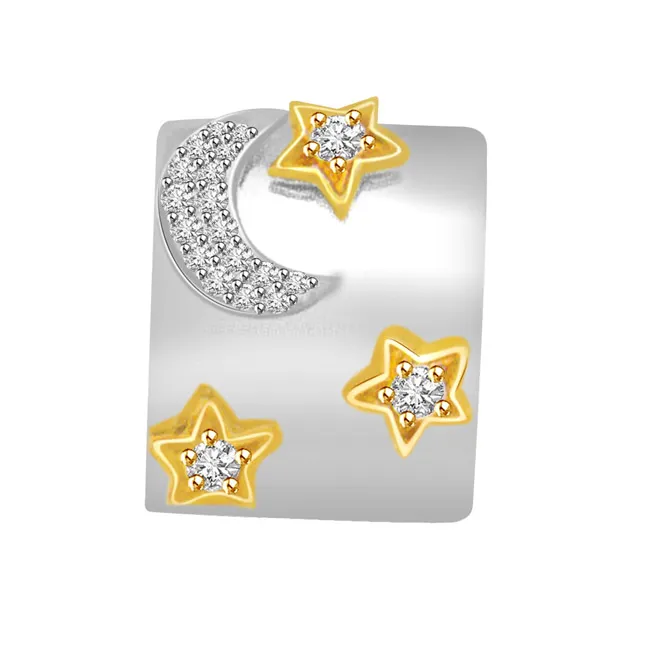 Moon & Shining Stars Two Tone Real Diamond & 18kt Gold Pendant (P718)