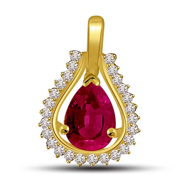 0.26cts Real Diamond & Pear Red Ruby Gold Pendant (P829)