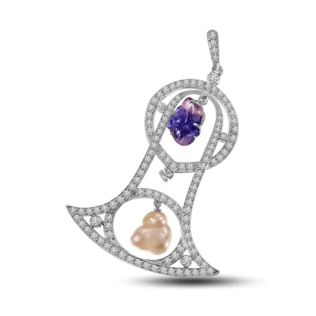 Bell Shaped Real Diamond & Amethyst & Pearl Pendant in White Gold (P832)