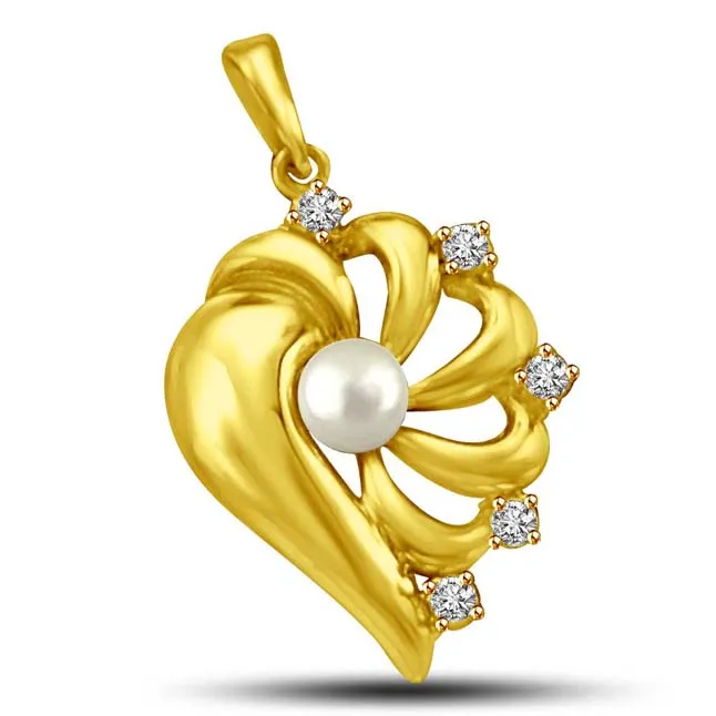 Magic Strings Real White Pearl & Diamond Stars Heart Gold Pendant (P845)