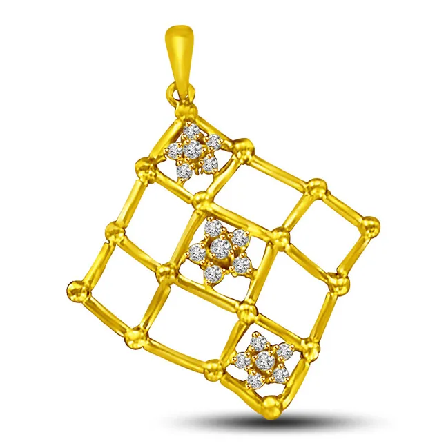 Chequered Gold Pendants with Small Flowers. -Flower Shape Pendants