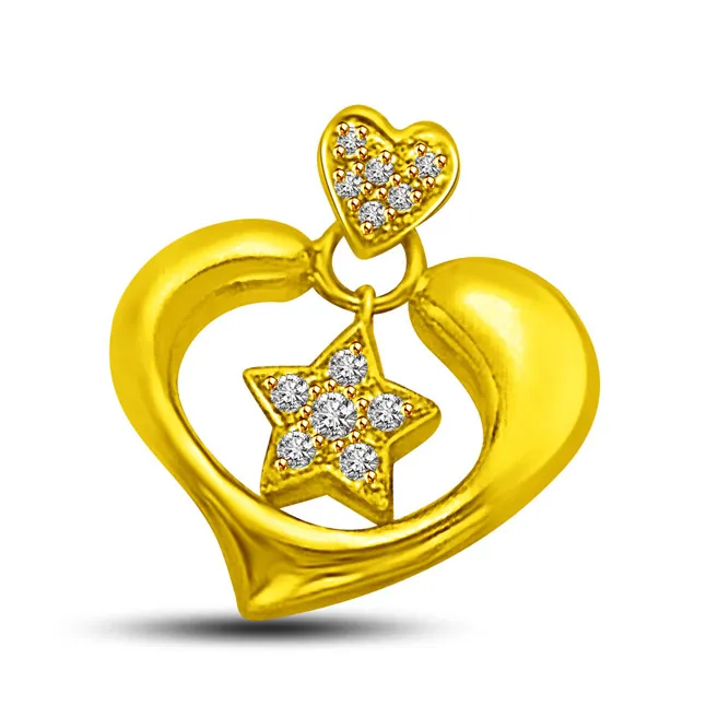 Star in my Heart 18kt Yellow Gold & Real Diamond Pendant for Lady Beautiful (P878)