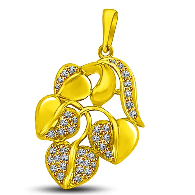 Leaf Shaped Pave Set Gold & Real Diamond Pendant for my Love (P895)