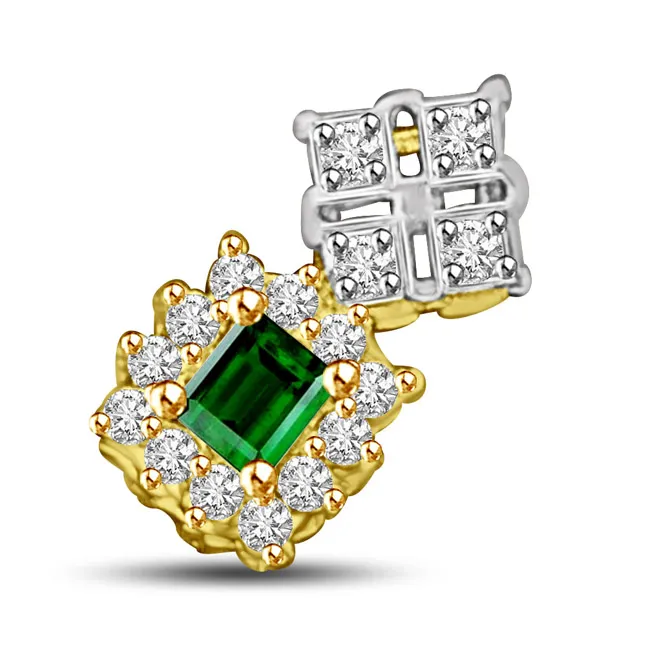 Green Emerald & Real Diamond Two tone Pendant in 18kt Yellow Gold (P913)