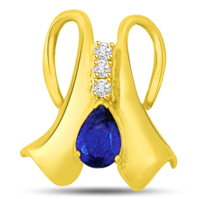 Real Pear Sapphire & Diamond 18kt Yellow Gold Pendant for My Love (P946)
