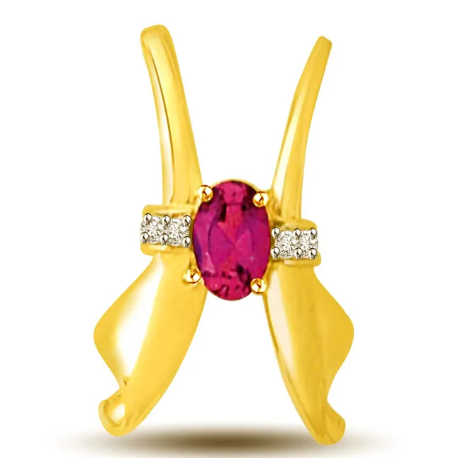 Real Oval Ruby & Diamond 18kt Yellow Gold Pendant for My Love (P947)