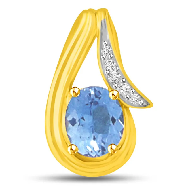 Blue Topaz & Real White Diamond & Gold Pendant for Her (P948)