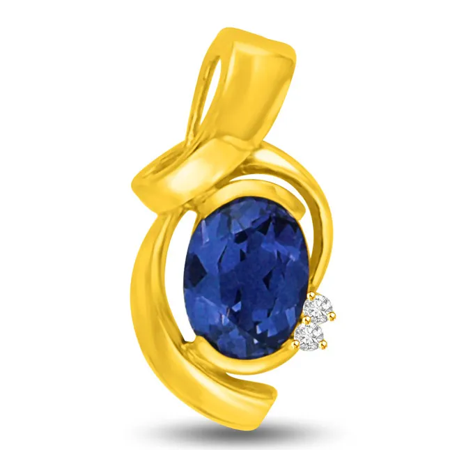 Real Oval Sapphire & Diamond Elegant 18kt Yellow Gold Pendant (P949)
