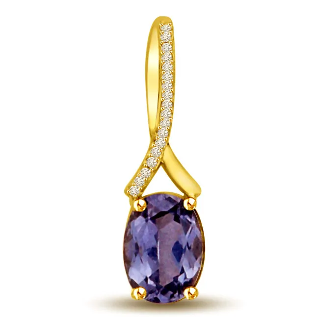 Blue Sapphire & Brilliant Real Diamond 18kt Yellow Gold Long Pendant (P953)