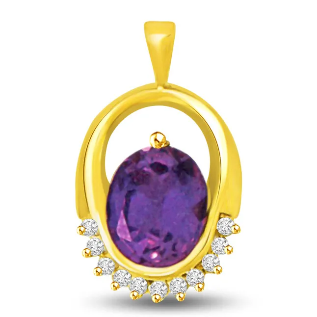 Real Oval Amethyst & Diamond Fire Gold Pendant for Her (P956)