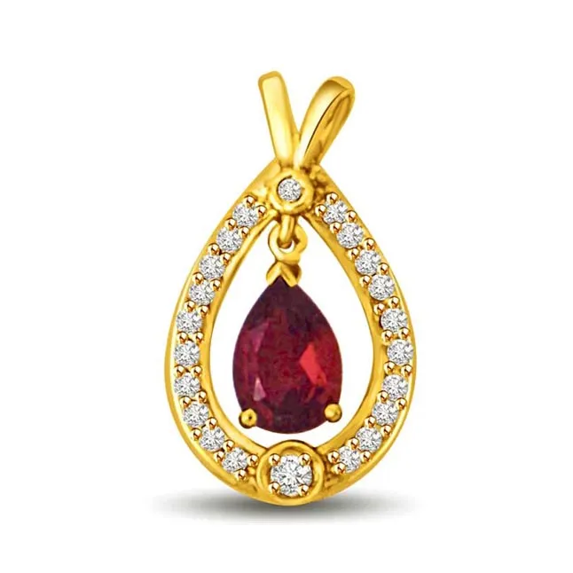 Hanging Real Ruby Surrounded by Real Diamond Gold Pendant (P958)